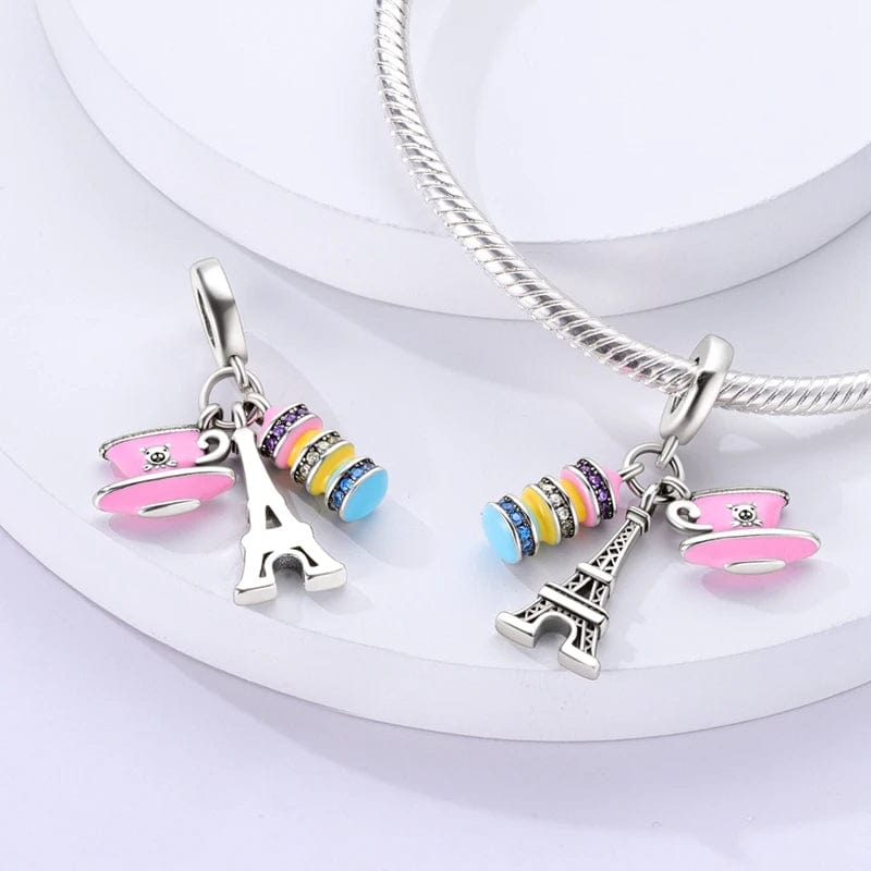 Pangama Jewelry Pink Coffee Macaron Paris Eiffel Tower Triple Dangle Charm