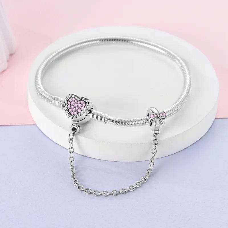 Pangama Jewelry Pink Crystal Heart Charm Bracelet with Bow and Safety Chain