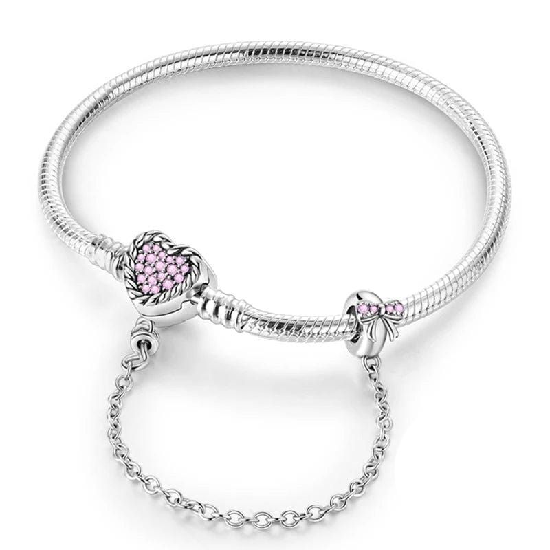 Pangama Jewelry Pink Crystal Heart Charm Bracelet with Bow and Safety Chain