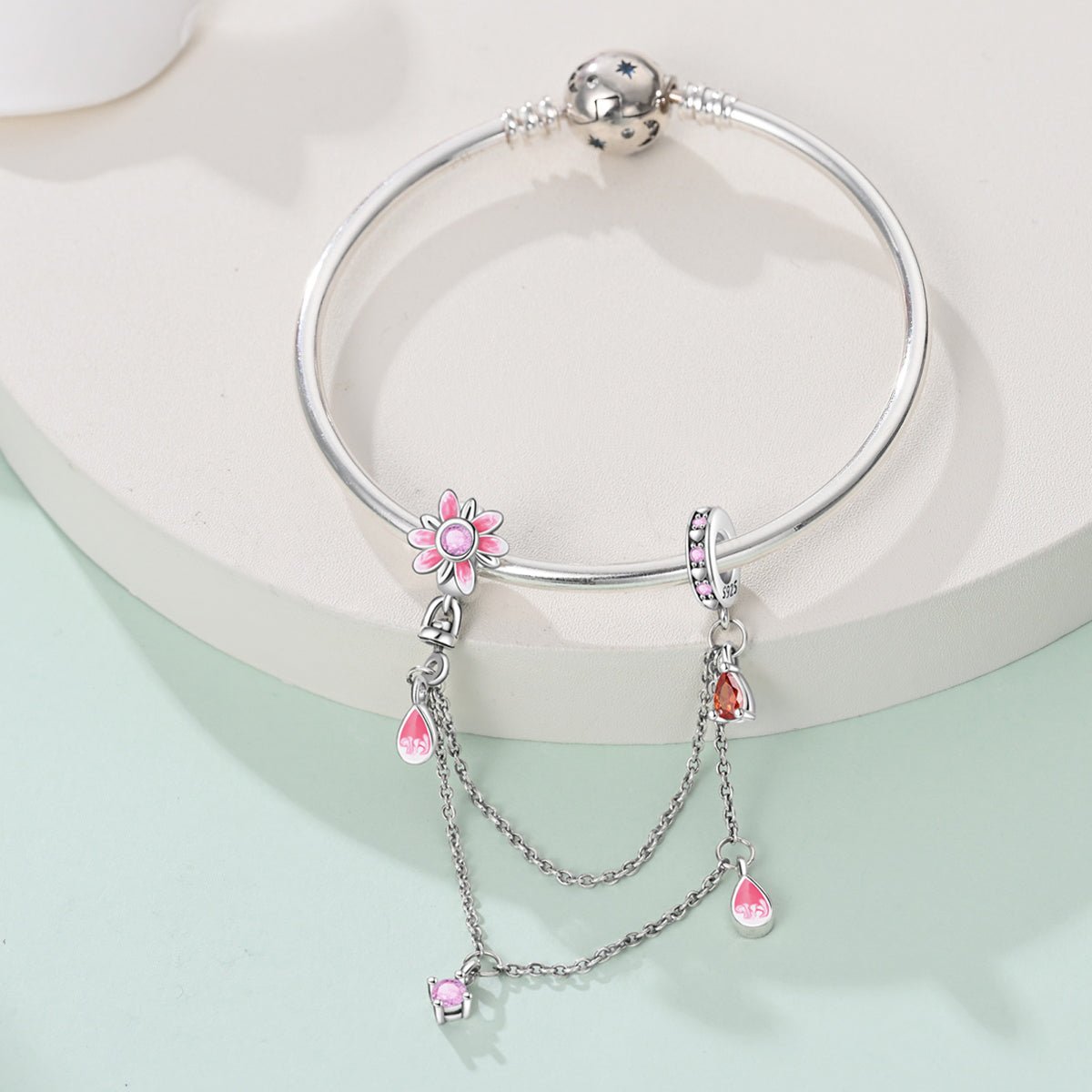 Pangama Jewelry Pink Daisy & Droplets Safety Chain Charm