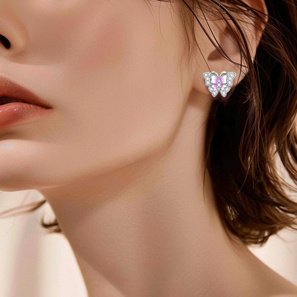 Pangama Jewelry Pink Enamel Butterfly Stud Earrings with Crystal Accents