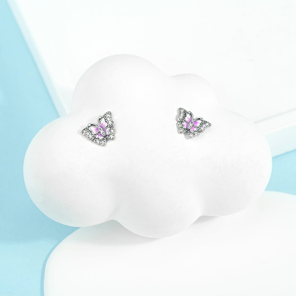 Pangama Jewelry Pink Enamel Butterfly Stud Earrings with Crystal Accents