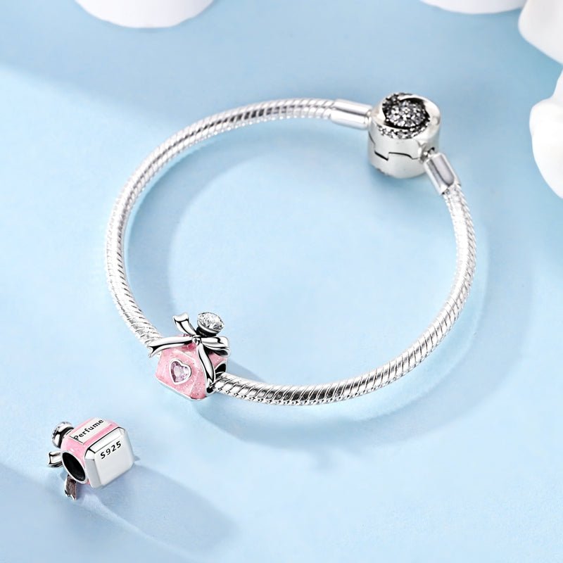 Pangama Jewelry Pink Enamel Perfume Bottle with Bow & Heart Charm