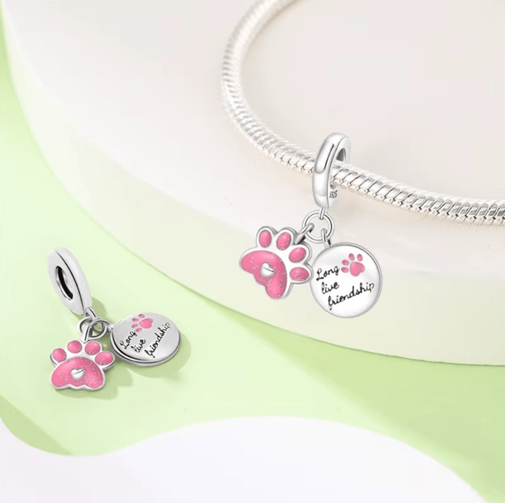 Pangama Jewelry Pink Glitter Pawprint Friendship Double Dangle Charm
