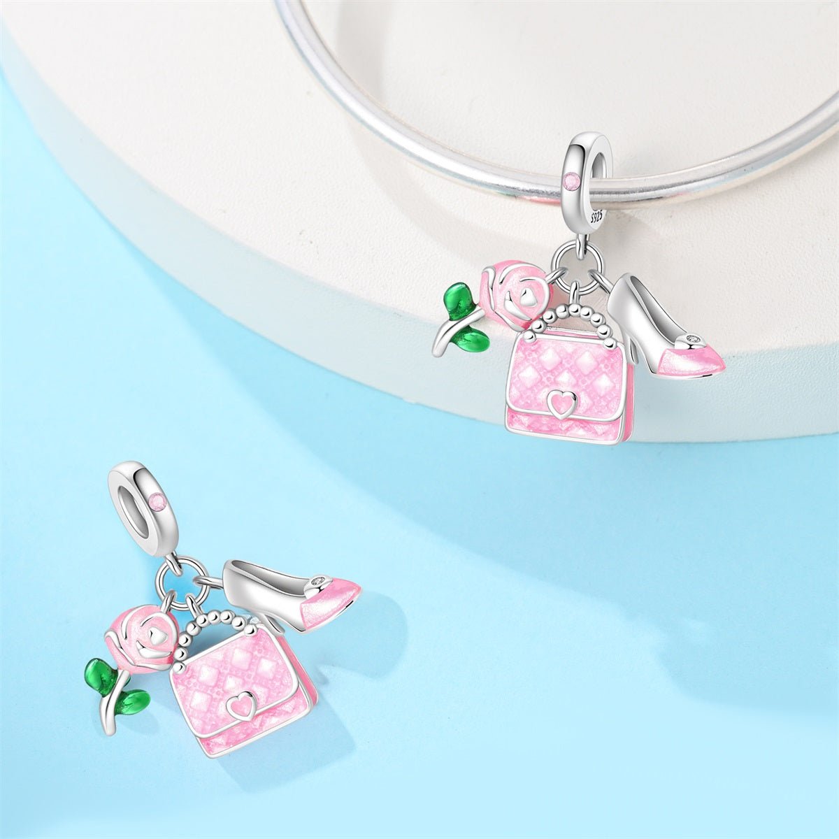 Pangama Jewelry Pink Handbag, Rose, & High Heel Dangle Charm