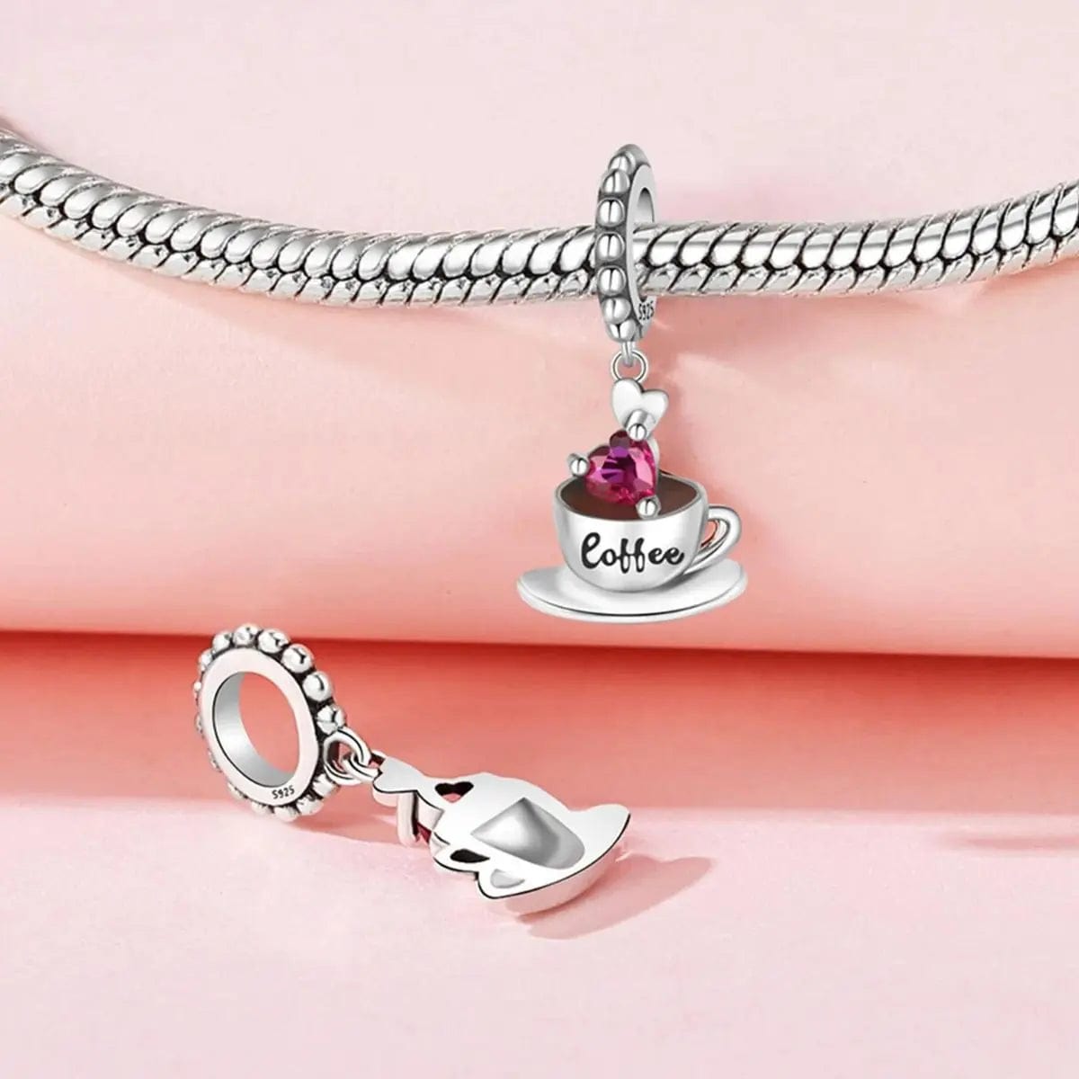 Pangama Jewelry Pink Heart Coffee Cup Love Dangle Charm