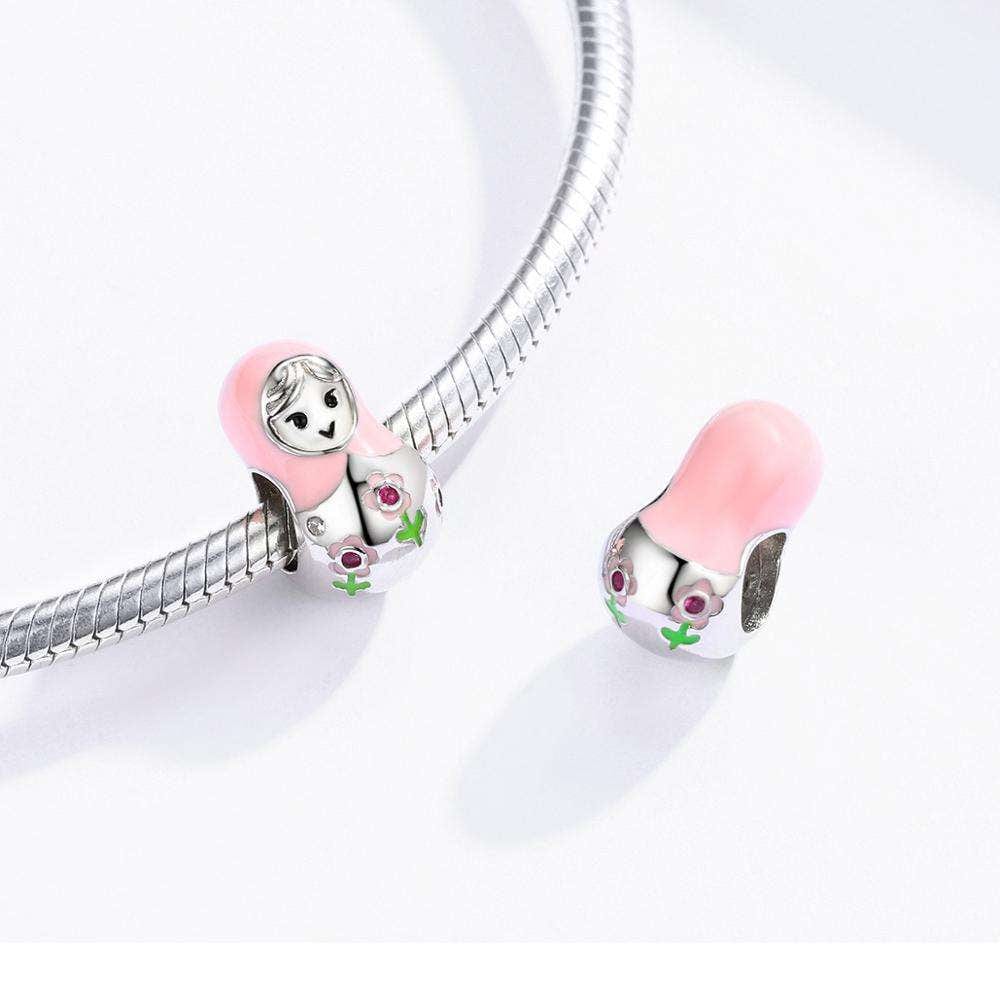Pangama Jewelry Pink Matryoshka Doll with Floral Crystal Accents Charm