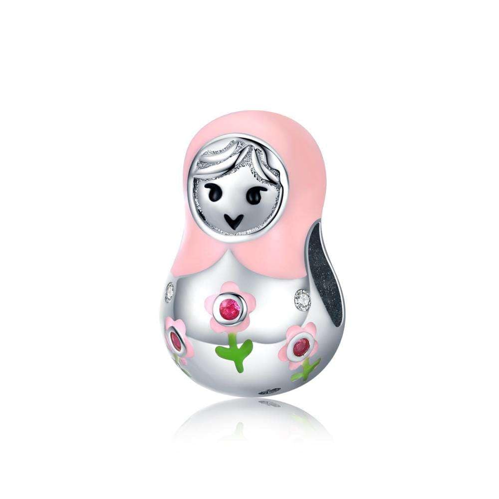 Pangama Jewelry Pink Matryoshka Doll with Floral Crystal Accents Charm