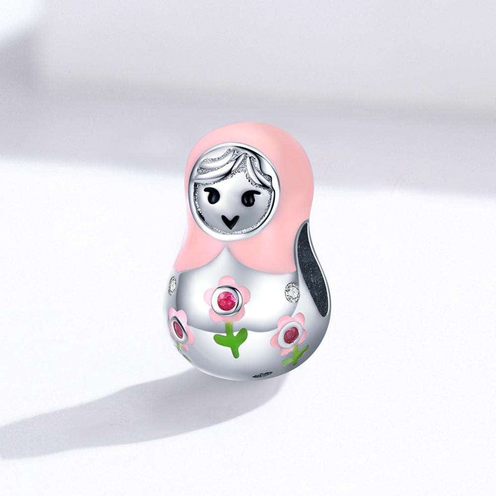 Pangama Jewelry Pink Matryoshka Doll with Floral Crystal Accents Charm
