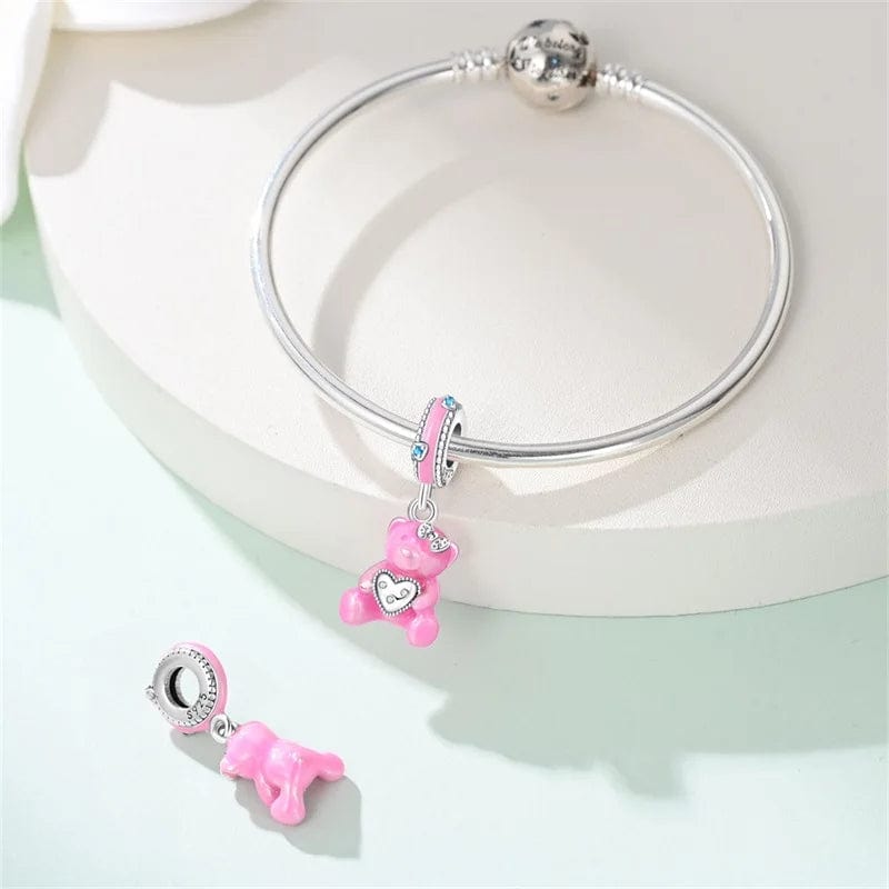 Pangama Jewelry Pink Teddy Bear & Heart Dangle Charm