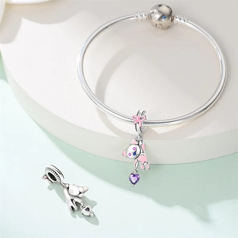 Pangama Jewelry Playful Hanging Teddy Bear & Amethyst Heart Charm