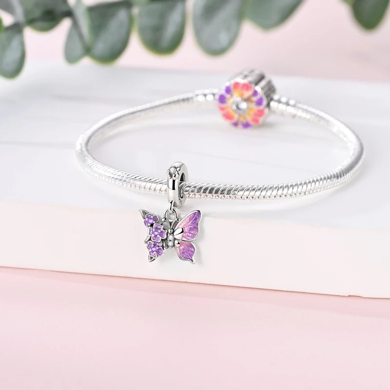 Pangama Jewelry Purple Butterfly & Floral Dangle Charm