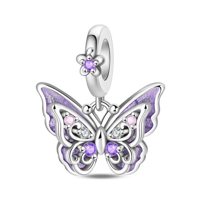 Pangama Jewelry Purple Butterfly with Flowers Dangle Charm