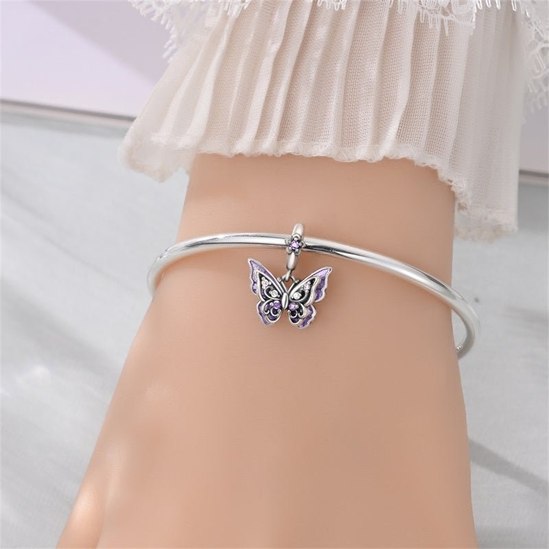 Pangama Jewelry Purple Butterfly with Flowers Dangle Charm