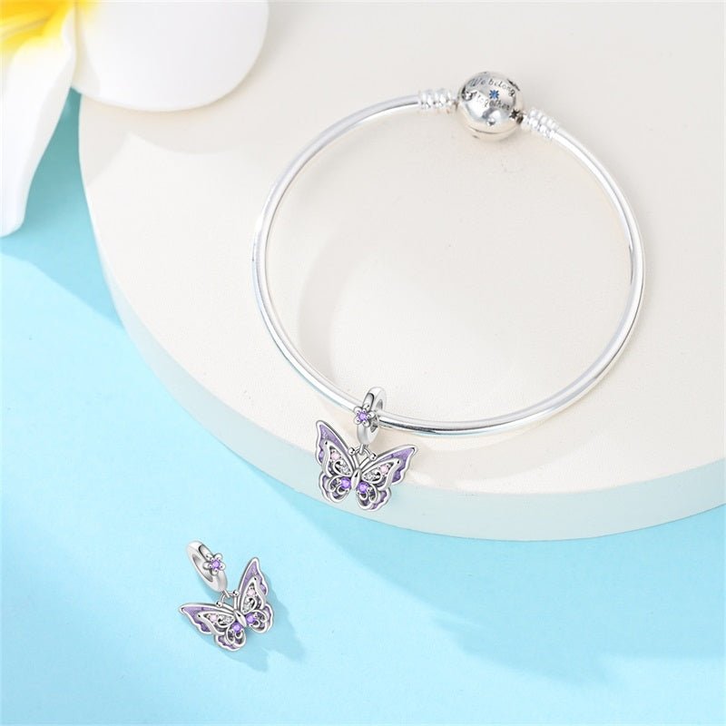 Pangama Jewelry Purple Butterfly with Flowers Dangle Charm