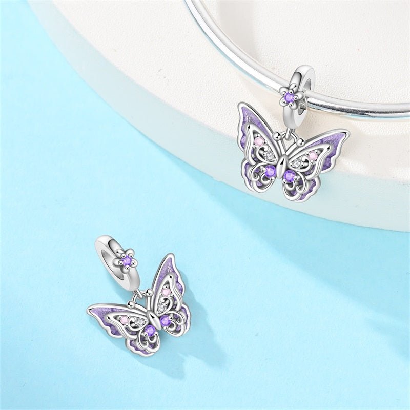 Pangama Jewelry Purple Butterfly with Flowers Dangle Charm