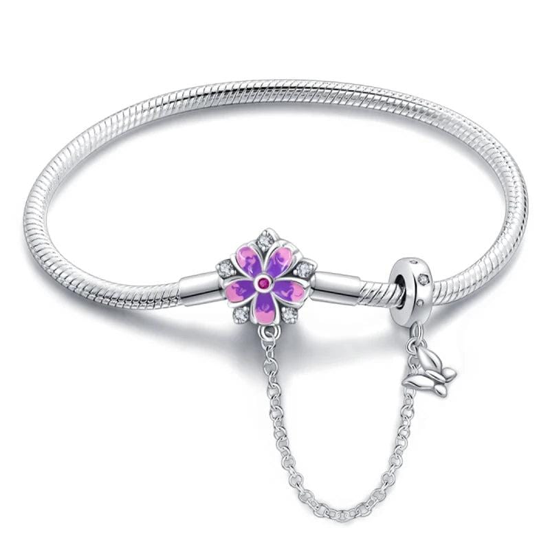 Pangama Jewelry Purple Flower Charm Bracelet with Butterfly Dangle and Safety Chain
