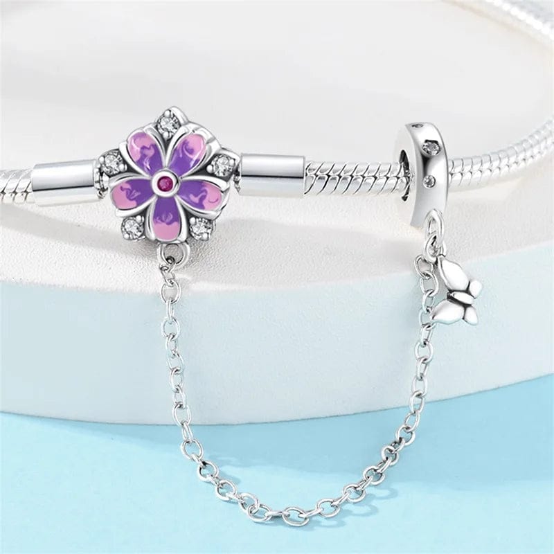 Pangama Jewelry Purple Flower Charm Bracelet with Butterfly Dangle and Safety Chain