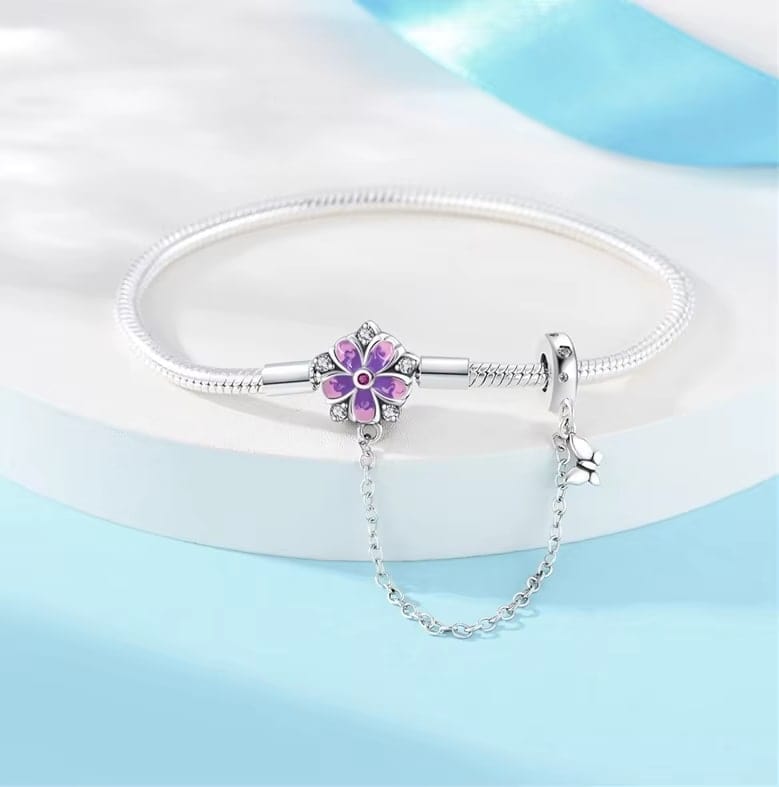 Pangama Jewelry Purple Flower Charm Bracelet with Butterfly Dangle and Safety Chain