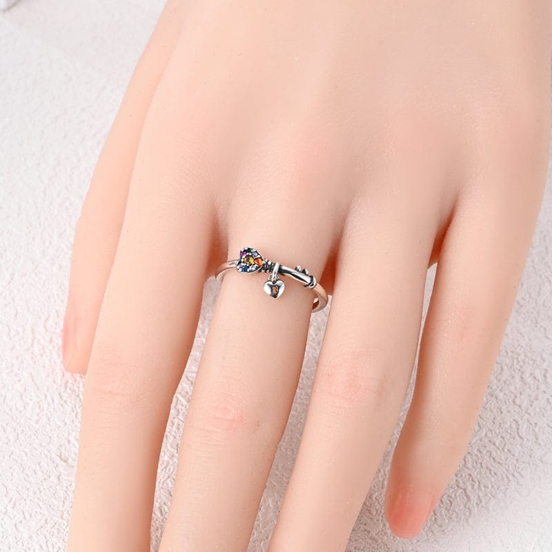 Pangama Jewelry Rainbow Heart & Lock Sterling Silver Adjustable Ring
