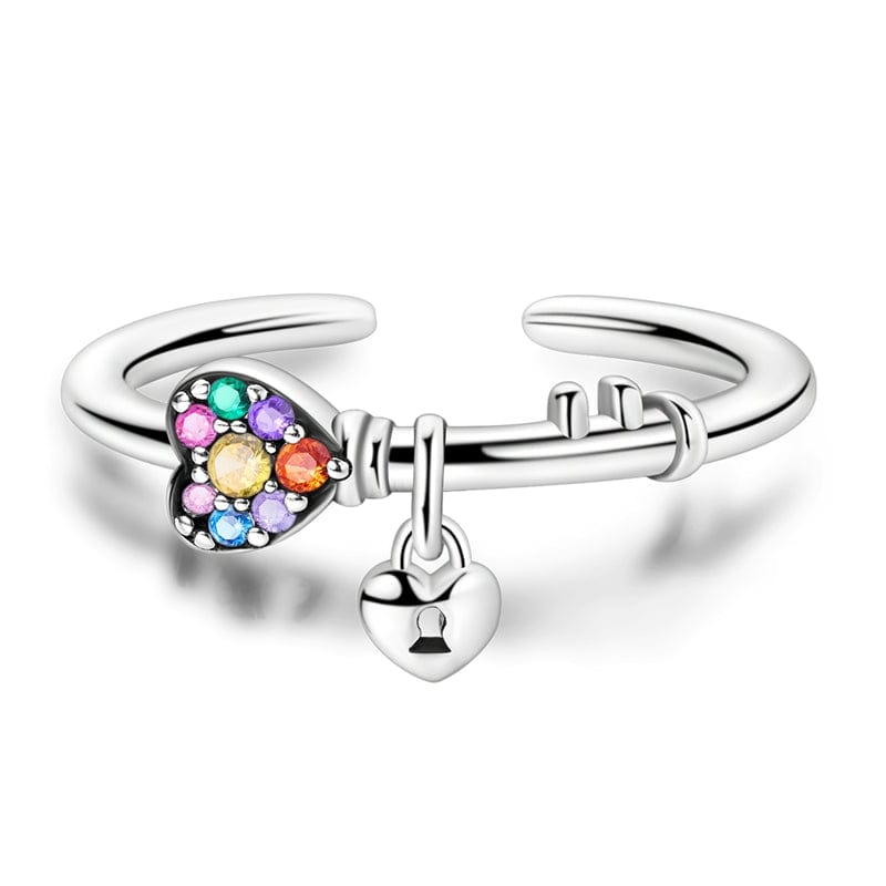 Pangama Jewelry Rainbow Heart & Lock Sterling Silver Adjustable Ring