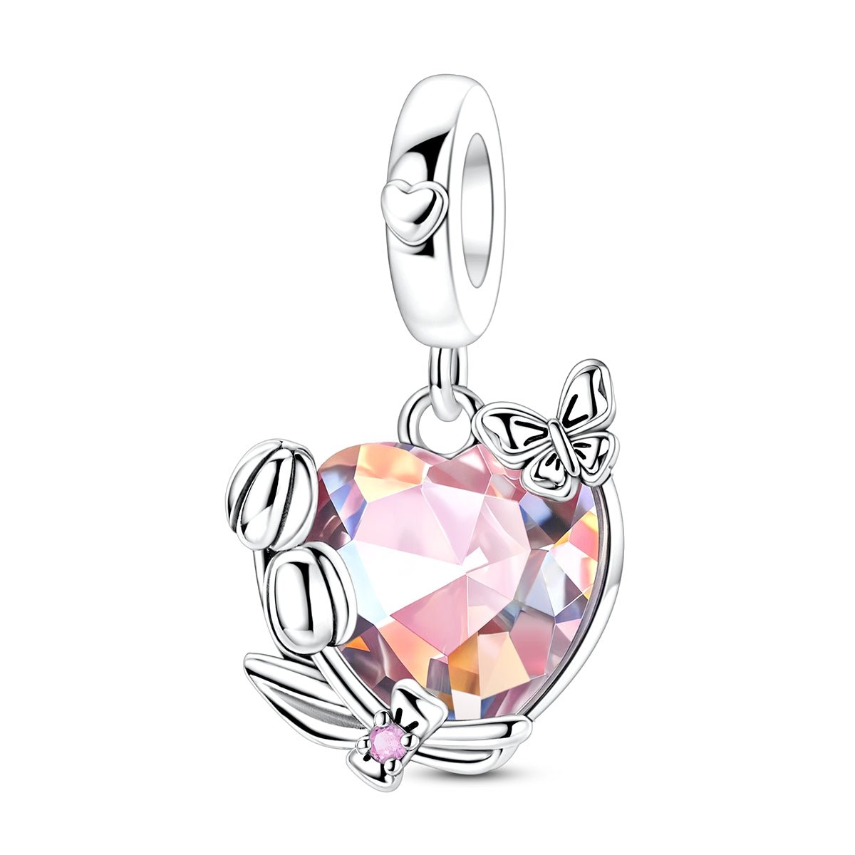 Pangama Jewelry Rainbow Heart with Butterfly & Flowers Dangle Charm