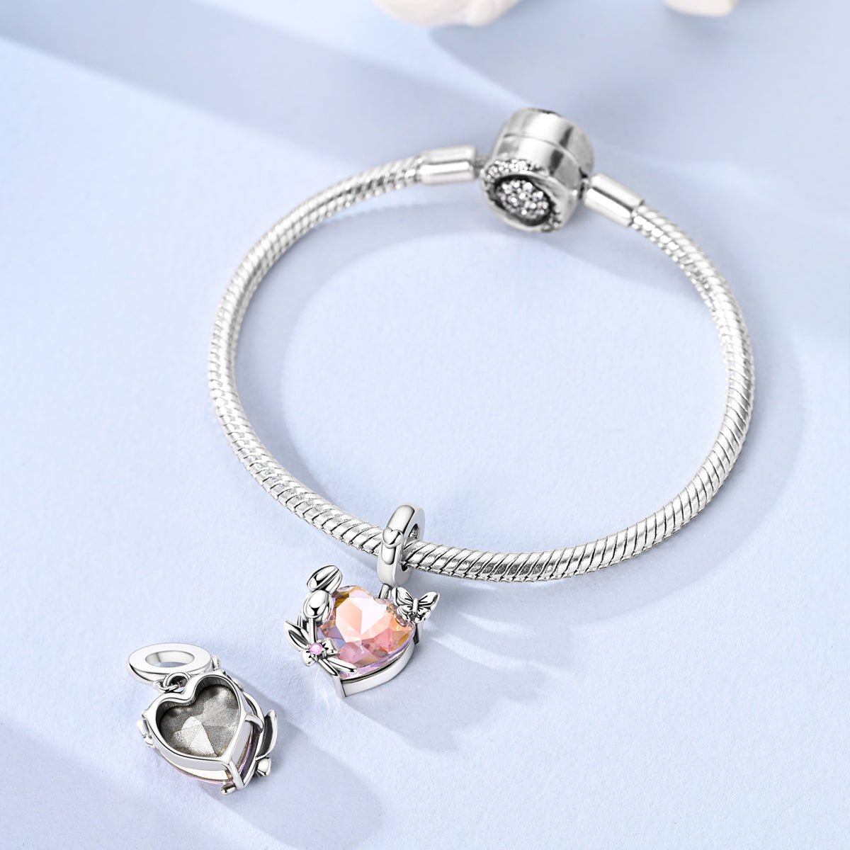 Pangama Jewelry Rainbow Heart with Butterfly & Flowers Dangle Charm