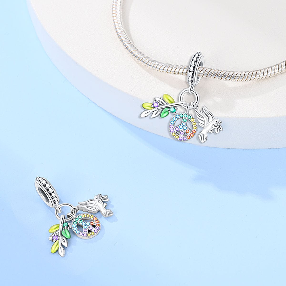 Pangama Jewelry Rainbow Peace Sign with Dove and Olive Branch Charm