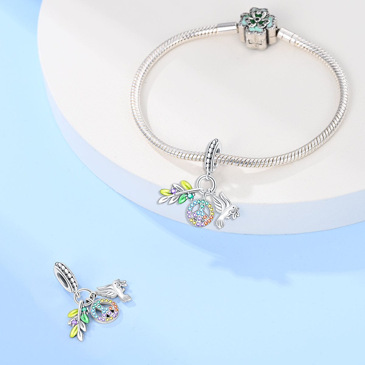 Pangama Jewelry Rainbow Peace Sign with Dove and Olive Branch Charm