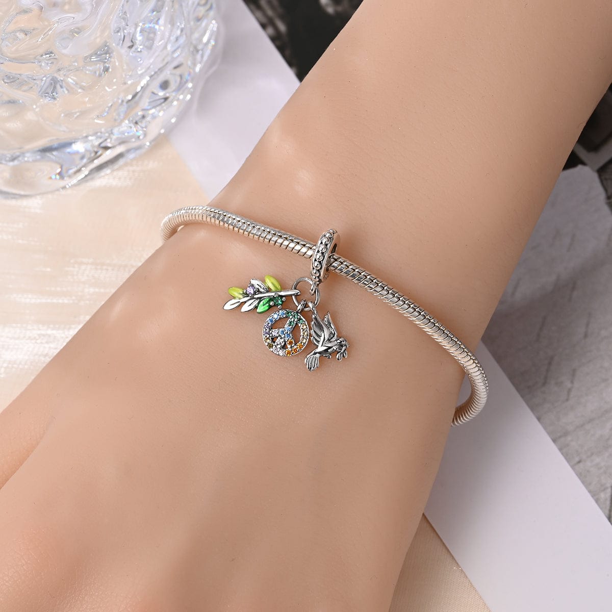 Pangama Jewelry Rainbow Peace Sign with Dove and Olive Branch Charm