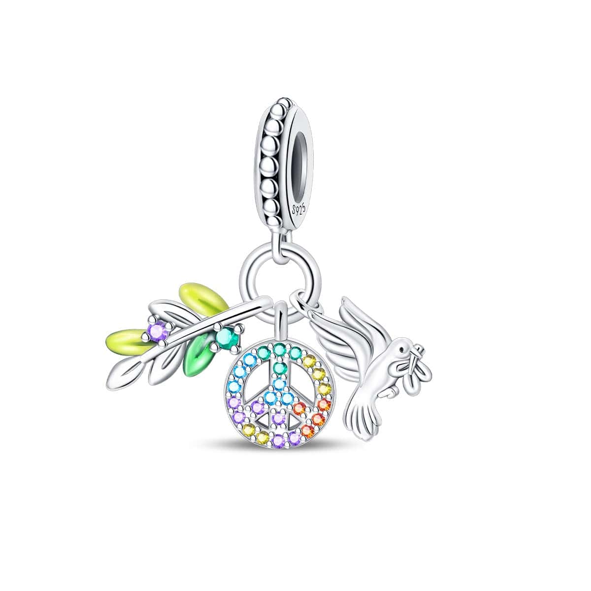 Pangama Jewelry Rainbow Peace Sign with Dove and Olive Branch Charm