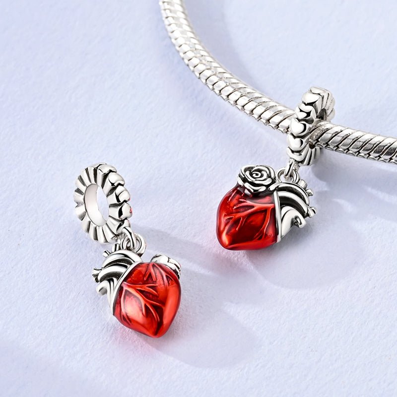 Pangama Jewelry Red Anatomical Heart with Rose Dangle Charm