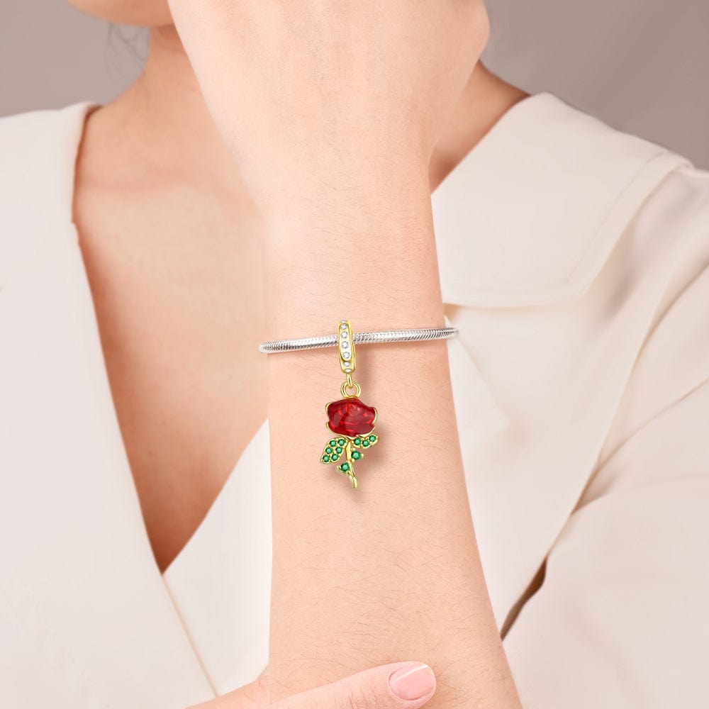 Pangama Jewelry Red Rose Charm with Green Crystal Leaves