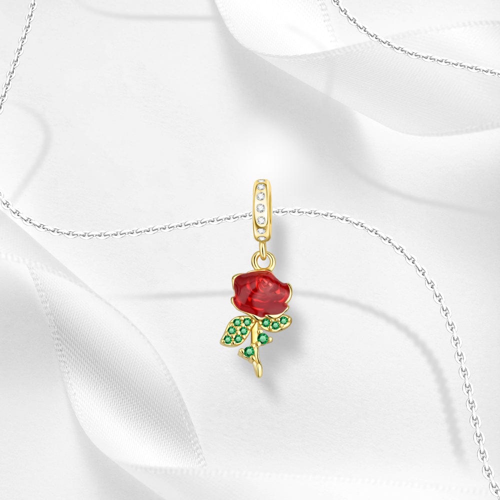 Pangama Jewelry Red Rose Charm with Green Crystal Leaves