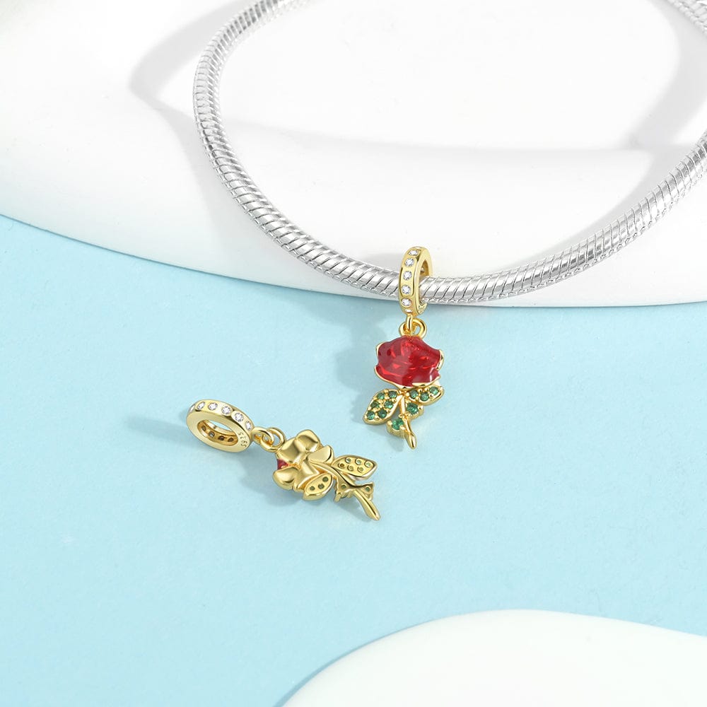 Pangama Jewelry Red Rose Charm with Green Crystal Leaves