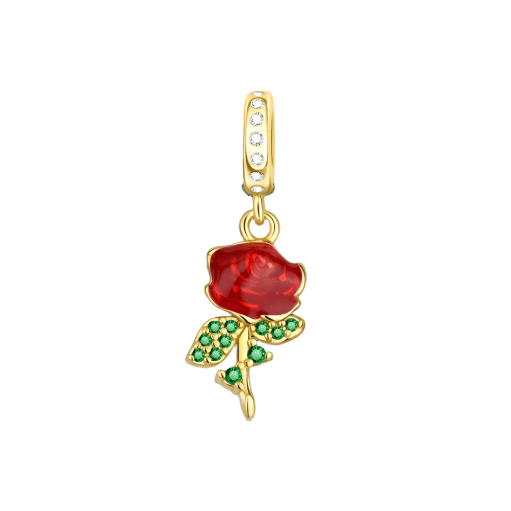 Pangama Jewelry Red Rose Charm with Green Crystal Leaves
