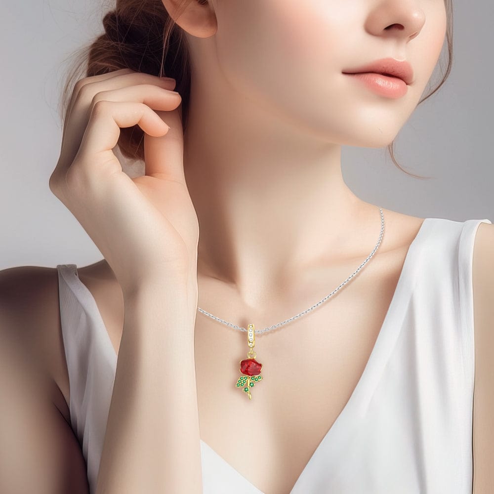 Pangama Jewelry Red Rose Charm with Green Crystal Leaves