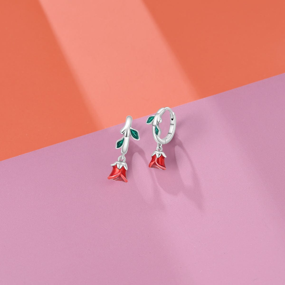 Pangama Jewelry Romantic Red Rose Drop Earrings with Enamel Leaves