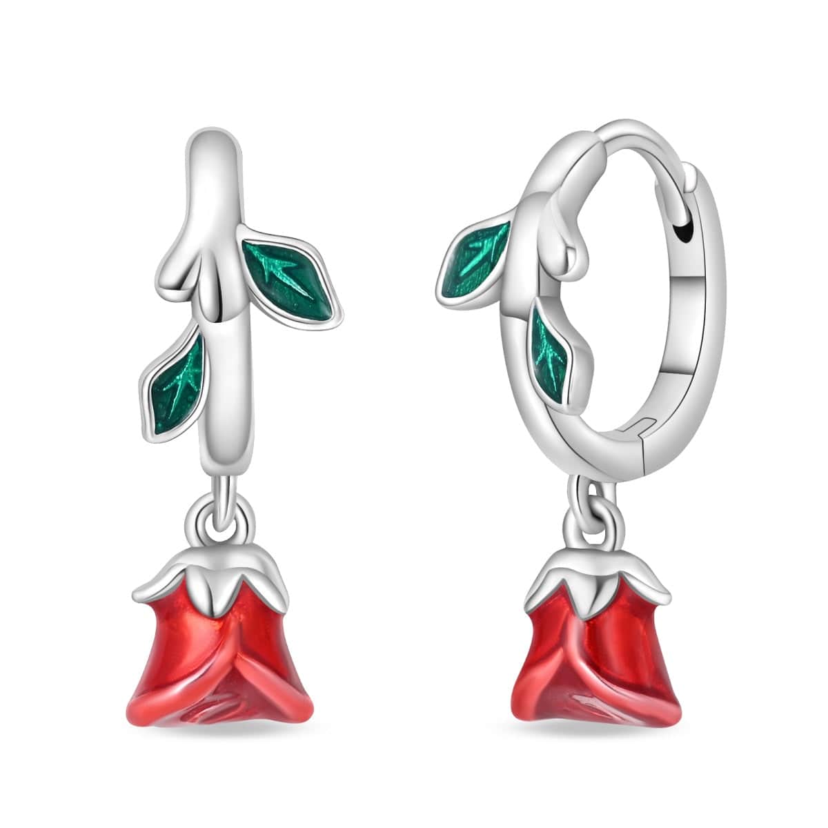 Pangama Jewelry Romantic Red Rose Drop Earrings with Enamel Leaves