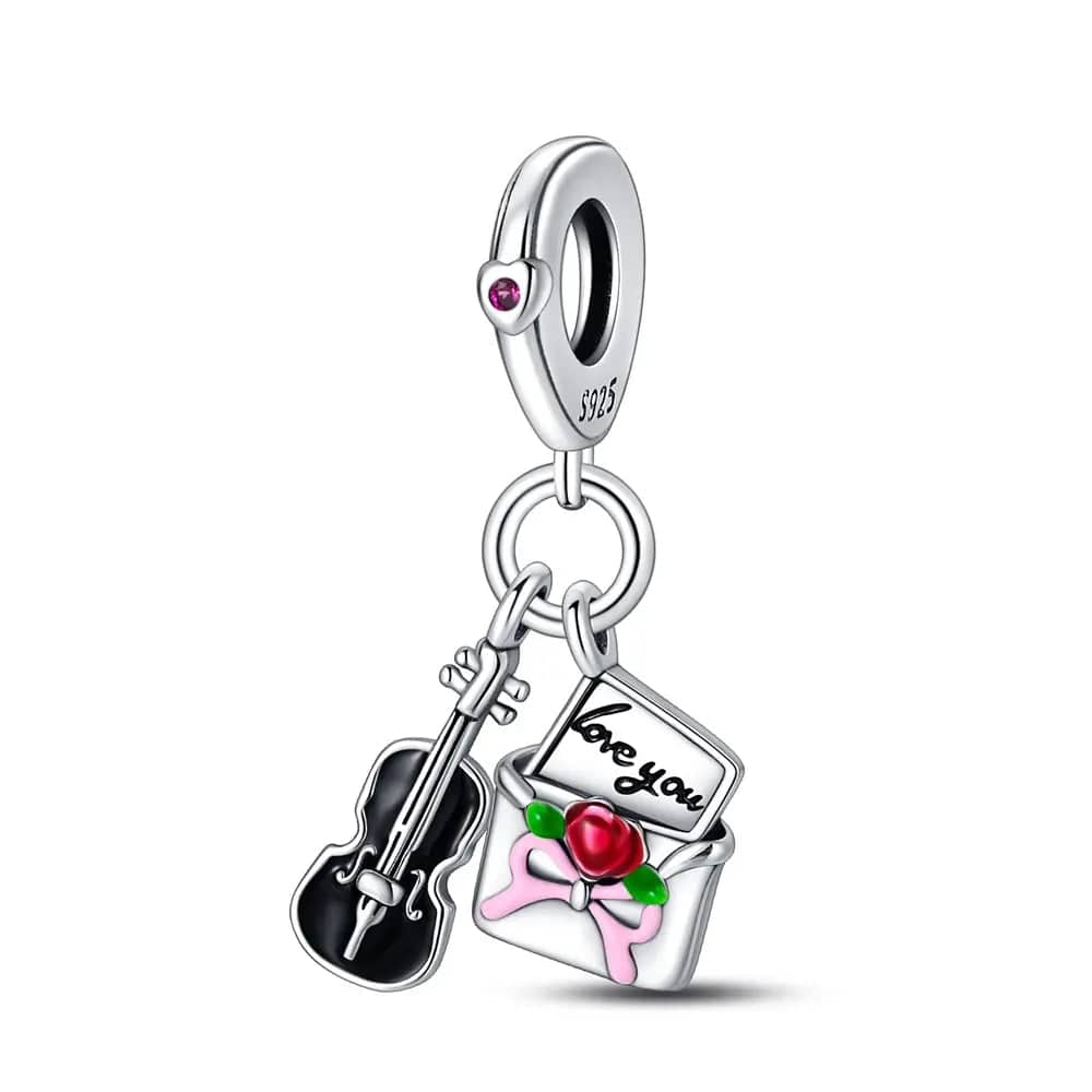 Pangama Jewelry Romantic Serenade Violin and Rose Dangle Charm