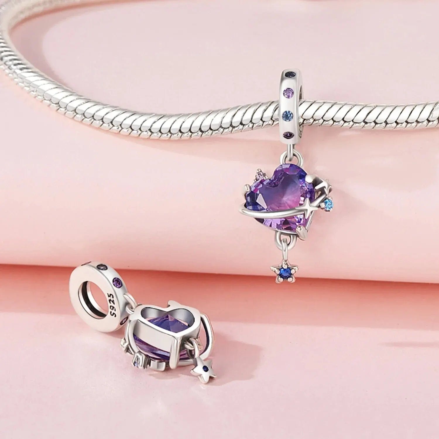 Pangama Jewelry Romantic Universe Theme Murano Glass Purple Heart Dangle Charm