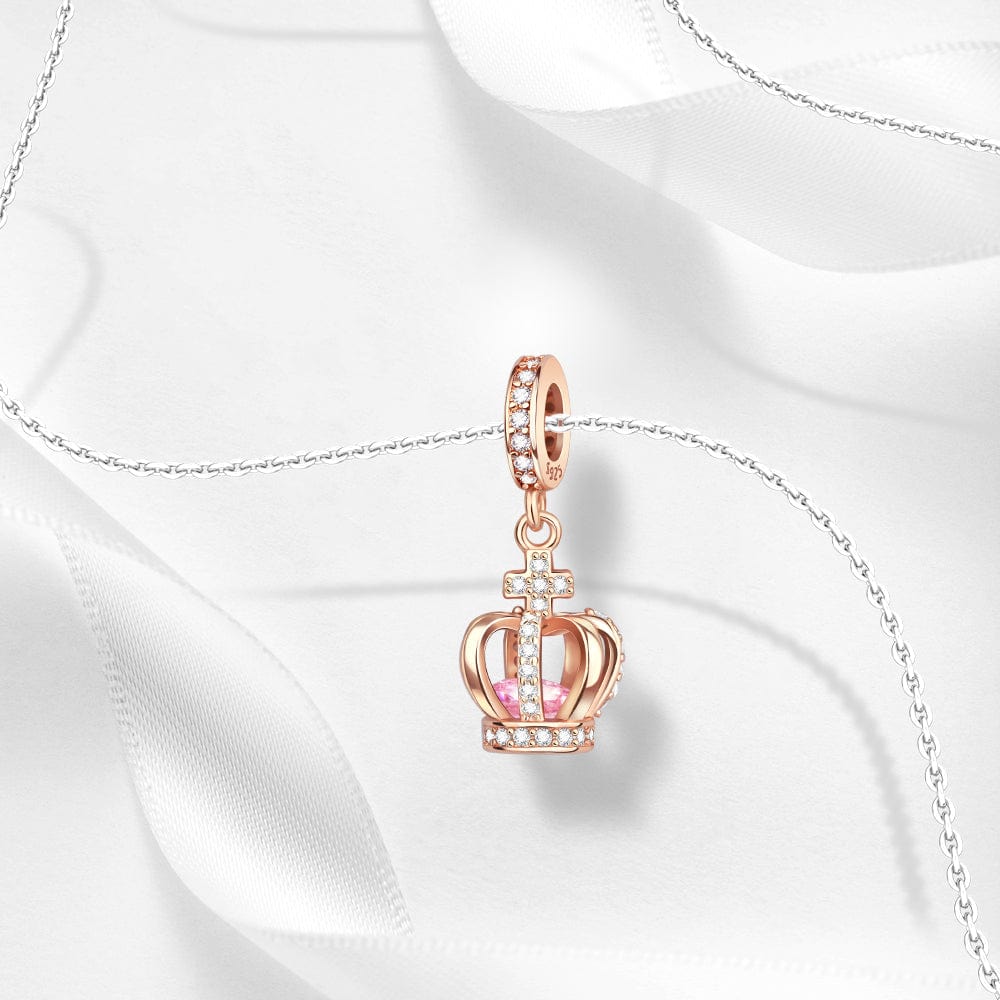 Pangama Jewelry Rose Gold Crown Charm with Pink Crystal & CZ Accents