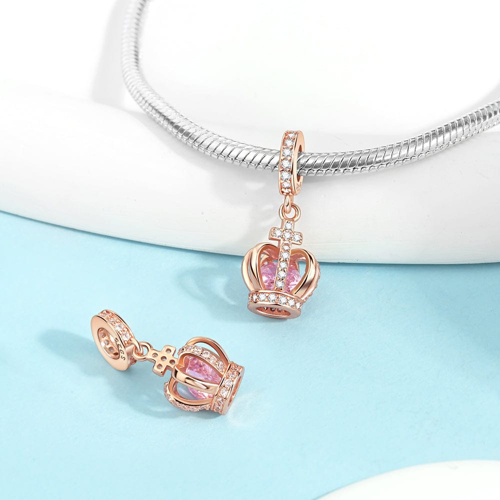 Pangama Jewelry Rose Gold Crown Charm with Pink Crystal & CZ Accents