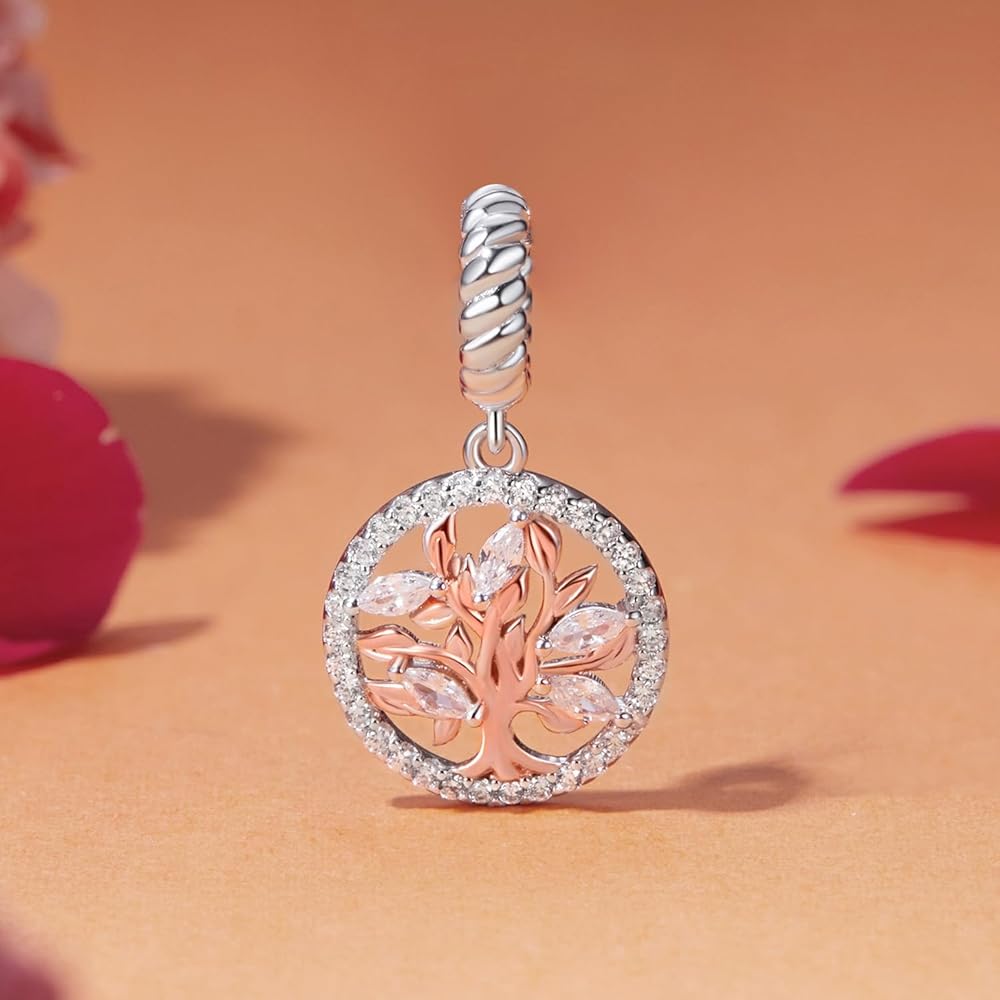Pangama Jewelry Rose Gold Tree of Life with Sparkling Crystal Halo Dangle Charm