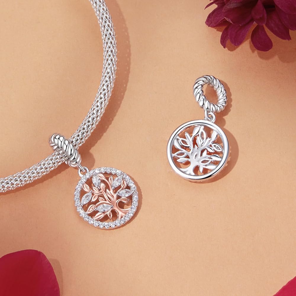 Pangama Jewelry Rose Gold Tree of Life with Sparkling Crystal Halo Dangle Charm