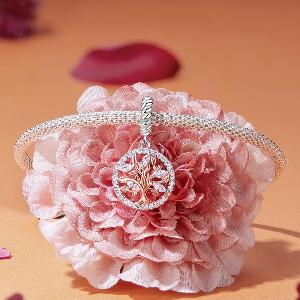 Pangama Jewelry Rose Gold Tree of Life with Sparkling Crystal Halo Dangle Charm