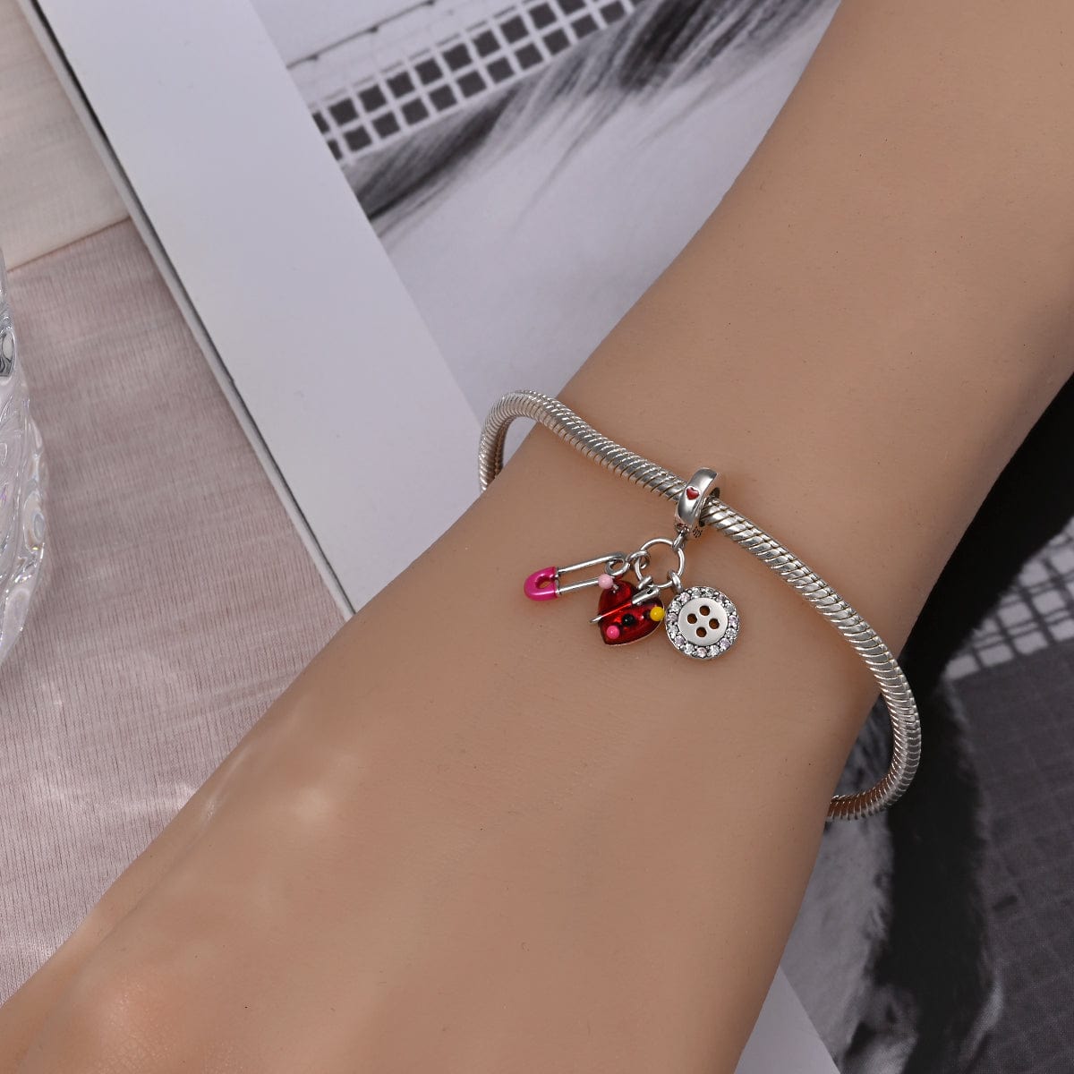 Pangama Jewelry Safety Pin, Heart Pincushion, & Button Sewing Essentials Charm