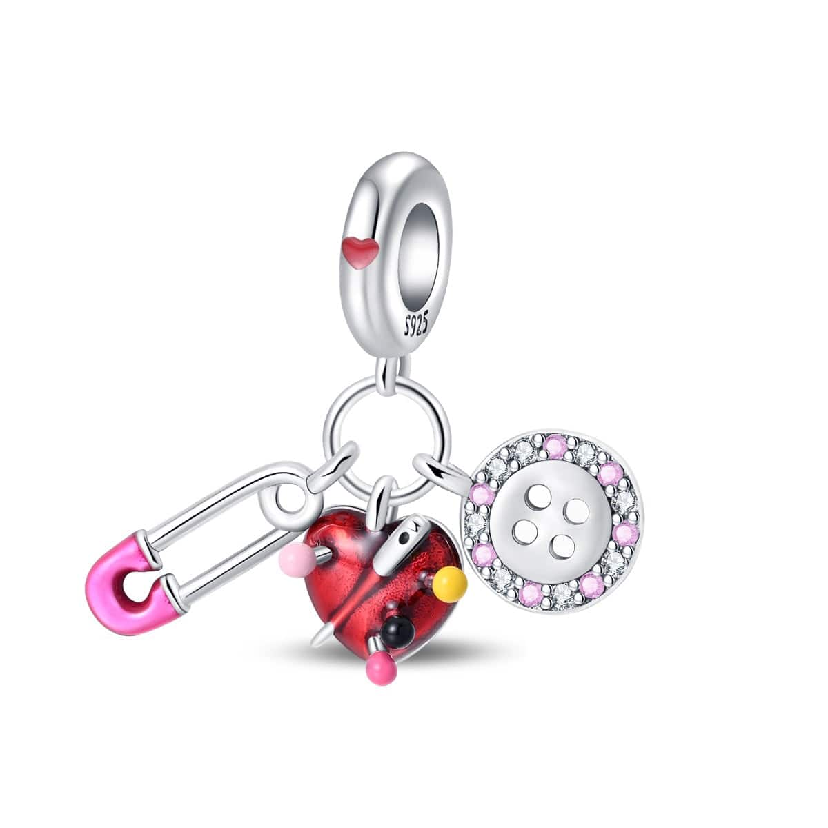 Pangama Jewelry Safety Pin, Heart Pincushion, & Button Sewing Essentials Charm