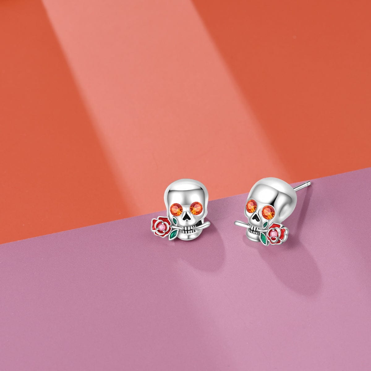 Pangama Jewelry Skull & Rose Crystal Stud Earrings with Enamel Accents