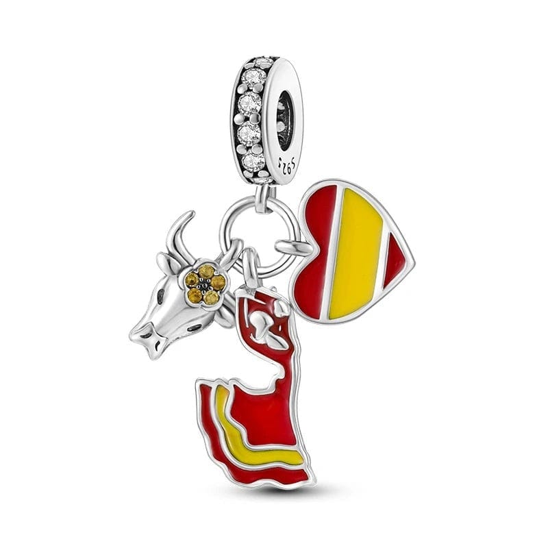 Pangama Jewelry Spain Heart Flag, Flamenco and Bull Dangle Charm